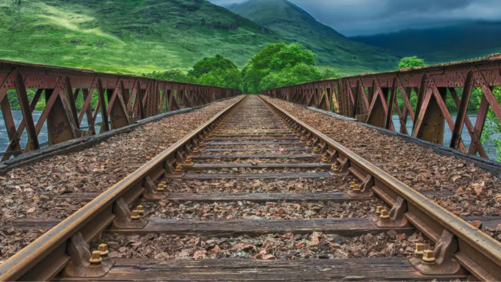 A train track in front of you crossing a river.