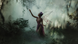 A fairy walks investigates a low hanging tree branch in a dark forest.